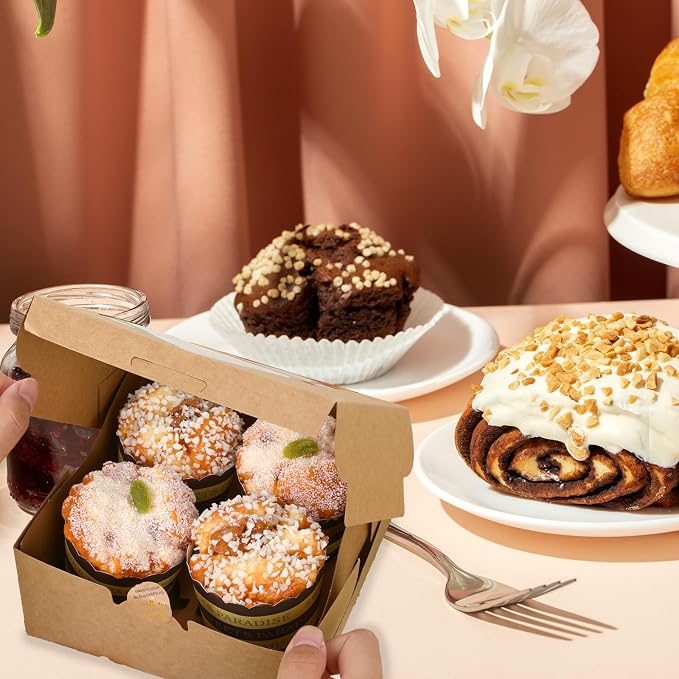 20 PCS Wood Color Paper Cupcake Boxes 4 Count and Clear Window for Valentine, Birthday, Wedding, Bakery Supplies and Party, Which Can Be Used as Bento Cake Box