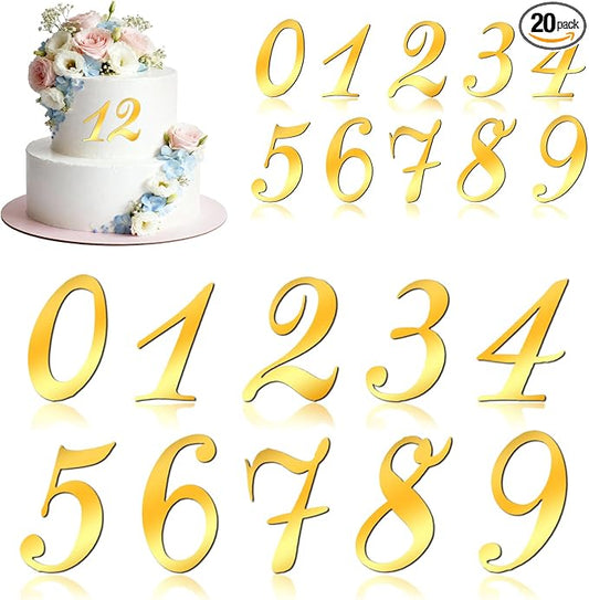 Ouligay 20 Pieces Gold Shiny Acrylic Number Cake Topper 0-9 Numbers Happy Birthday Cake Topper Gold Acrylic Wedding Party Cupcake Toppers for Birthday Wedding Party Anniversary Decorations