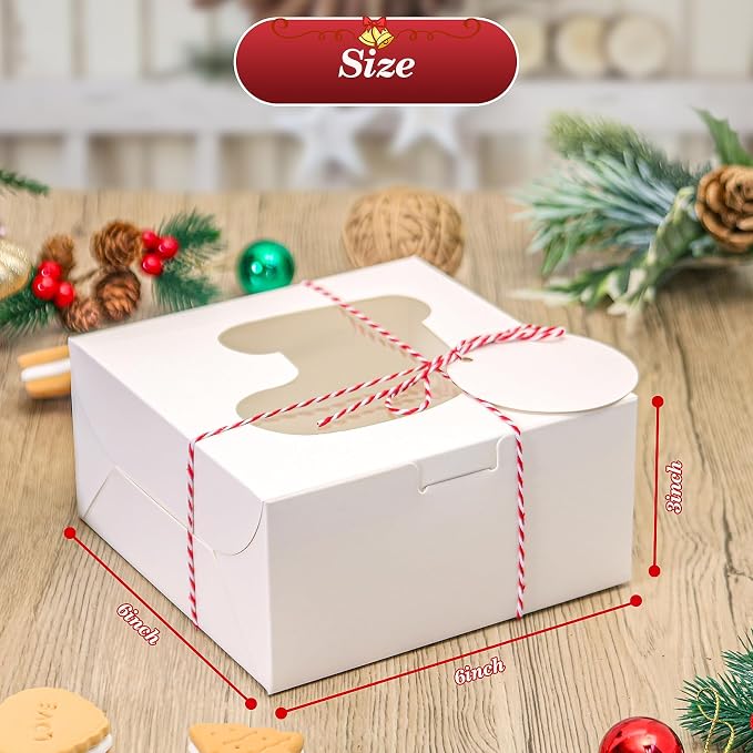 COTOPHER 18Pcs Christmas Cookie Boxes with Window, 6x6x3 inch White Bakery Boxes for Gift Giving, Small Treat Boxes for Cake Donuts Chocolate Strawberries Pastries Muffins