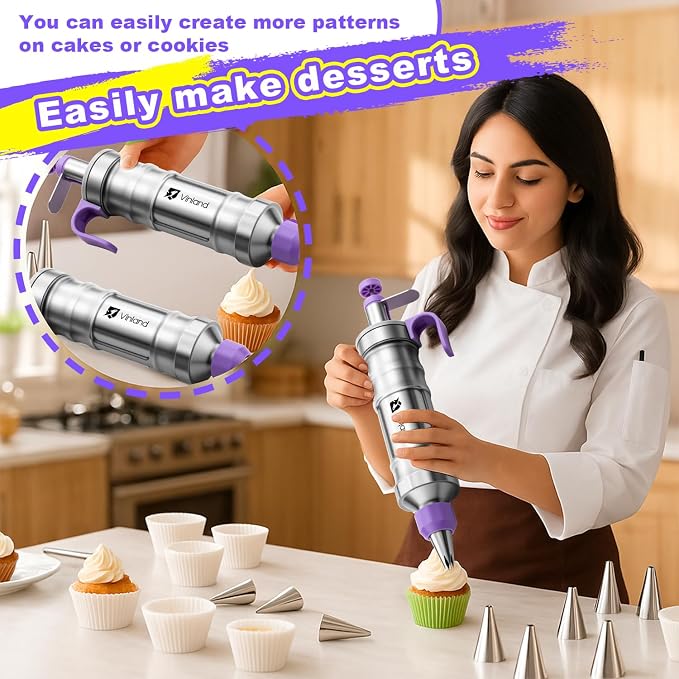 Dessert Decorating Syringe Set icing piping kit Stainless Steel frosting piping kit with 31 professional piping tips 50 disposable piping bags 1 silicone spatula 1 set of soft cake scrapers, Purple
