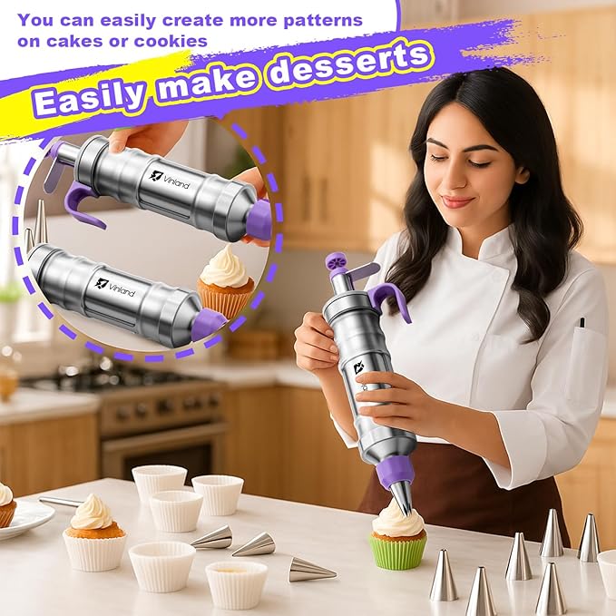 Dessert Decorating Syringe Set icing piping kit Stainless Steel frosting piping kit with 31 professional piping tips 50 disposable piping bags 1 silicone spatula 1 set of soft cake scrapers (Black)