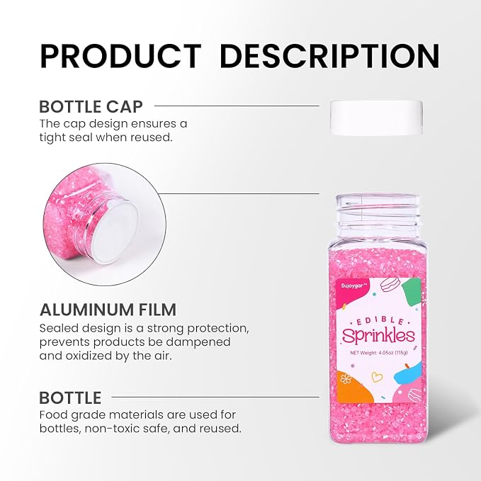 Pink Sprinkles for Cake Decorating, 4.02oz Pink Sanding Sugar Sprinkles, Edible Glitter Sprinkles for Cupcake Toppers Baking Drinks Cookie Ice Cream Dount Chocolate