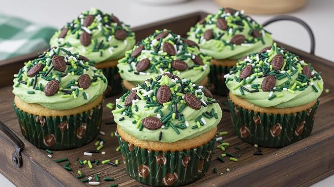 NCS Brown Footballs with Black, White, Lime Green & Dark Green Jimmies Edible Sprinkles – Cupcake, Cake & Cookie Decorations, 7 oz