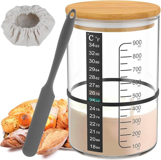 Sourdough Starter Jar Kit, Glass Sourdough Starter Kit -30.4oz BPA Free Dishwasher Safe, Wide Mouth Glass Jar with Thermometer, Date Marked Feeding Band, Wooden Lid Cloth Cover, Bread Baking Supplies