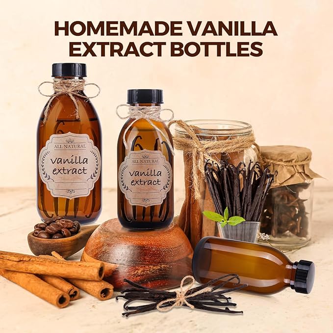 12 Pack 4 oz Vanilla Extract Bottles, Amber Boston Glass Bottle with Cap Empty Brown Glass Bottles for Homemade Vanilla Extract, Essential Oils, Juice, Potion, Syrup, Liquids, Christmas Gift
