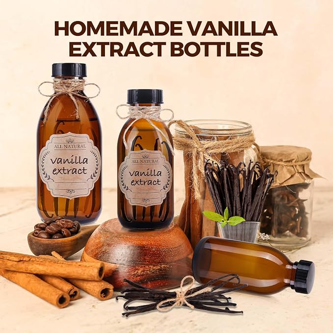 12 Pack, 8 OZ Amber Glass Bottles with Caps Leakproof Refilllable Empty Brown Boston Sample Dispensing Bottles for Homemade Vanilla Extract, Essential Oils, Potion, Juice, Ginger Shots, Liquids