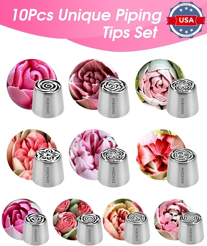 63 Pcs Stainless Steel Russian Piping Tip Set, 10 Flower Nozzles Baking for Flower Decorations: Roses, Tulips, Marshmallow Buttercream Bouquets, Cake Decorating Supplies for Wedding
