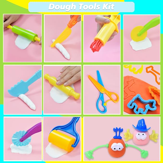 Dough Tool Set, 28 Pcs Basic Dough Tools Kits for Kids, Dough Accessories Includes Cutters Roller, Rolling Pins, Safety Scissors, Plastic Knife