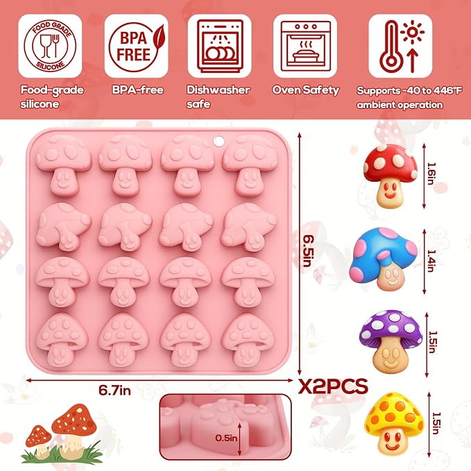 Palksky Mushroom Silicone Molds, 16 Cavity 2 Pack Mushroom Chocolate Mold, Gummy Candy Molds for Gummies Cookies Snacks Fondant Candy Cupcake Decor