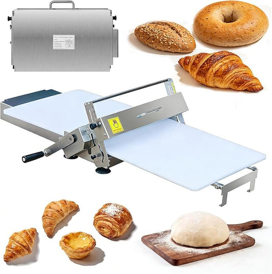 Dough Roller Machine, Manual Dough Sheeter, Portable Foldable Pastry Roller Stainless Steel, 0-27mm Adjustable Thickness, with Press Panel, Perfect for Bakery, Pizza Shop and Home Baking