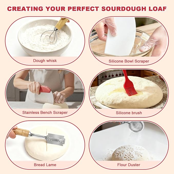 Sourdough Bread Baking Supplies, Sourdough Starter Kit with Cotton Rope Oval & Round Bread Proofing Basket and Sourdough Starter Jar, Artisan Bread Making Kit Ideal Gift for Bakers, Women Wife Mom Red