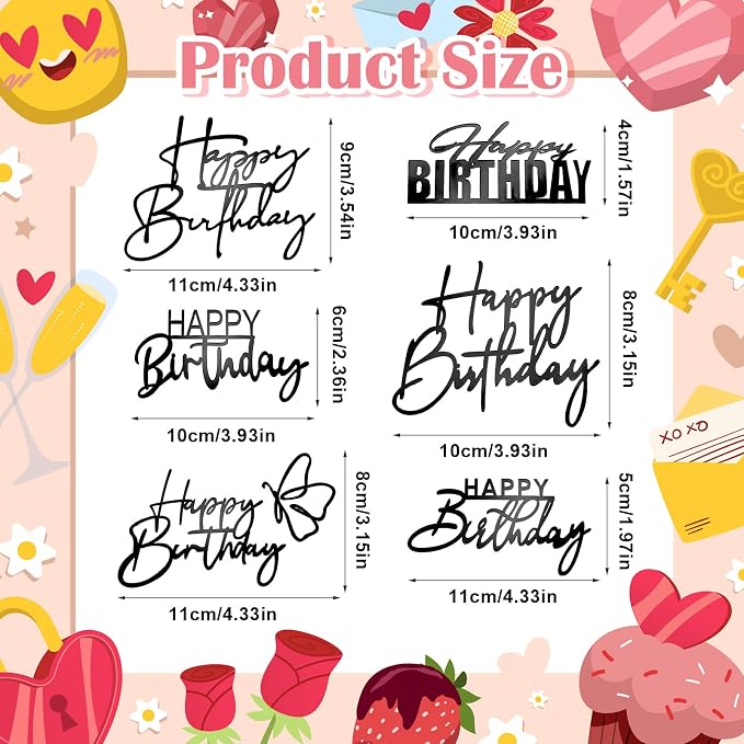 6Pcs Cake Toppers Happy Birthday Acrylic Cake Topper Happy Birthday Cake Sign Picks Happy Birthday Cake Decorations Cake Stick Decor for Celebrating Birthday Anniversary Party(Black)
