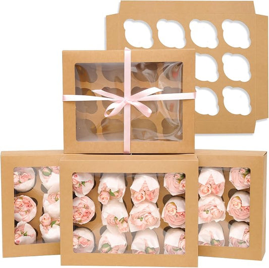 Bakepacker 12 Cupcake Containers 20-Packs Brown 12 Count Cupcake Boxes with Window Cupcakes Carrier, 13"x10"x3.5"（Auto-pop up）
