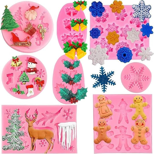 Christmas Silicone Molds Snowflake Molds Xmas Fondant Chocolate Candy Cake Molds Christmas Snowman Tree Snowflake Holly Leaves Santa Claus Baking Molds for Party Cake Decor