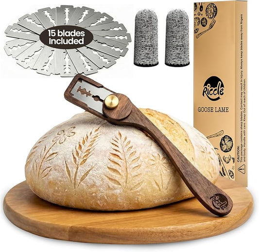 RICCLE Goose Bread Lame for Sourdough Bread, Walnut Wood Bread Scoring Tool with 15 Replacement Blades, Magnetic Safety Guard and Finger Sleeves for Artisan Baking