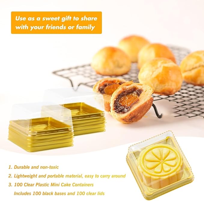 100 Set 3" Mini Cupcake Containers Plastic Square Containers with Lids Cupcake Boxes Muffin Pod Dome Muffin Single Individual Container Box for Wedding Birthday Gifts Supplies (Golden)