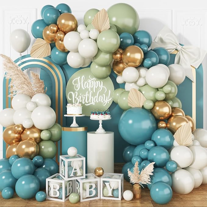 Blue and Green Balloon Arch Kit, 108 Pcs Dusty Balloon Garland With Retro Sea Sage Sand White Metallic Gold Balloons for Boho Wedding Baby Shower Birthday Party Decorations