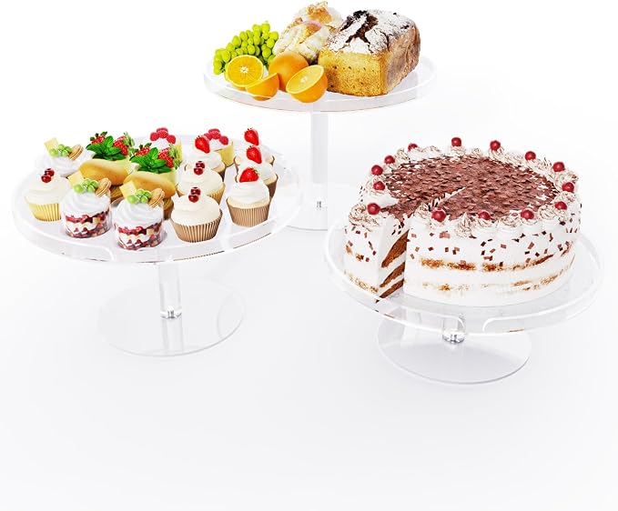 Bakzon Acrylic Cupcake Stand, Clear Dessert Dessert Table Display Set, Cupcake Tower Holder Display with Base for Wedding, Party, Baby Shower, 3 Set Round, Transparent