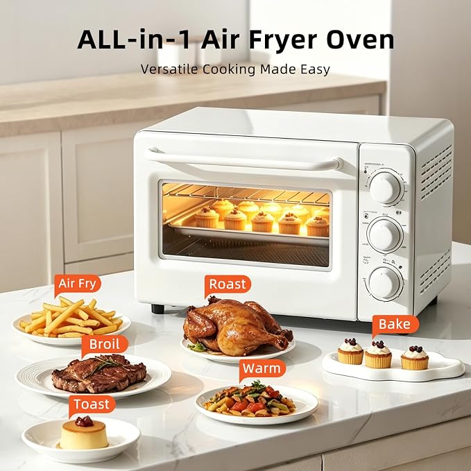 Novaspark Air Fryer Toaster Oven Combo, Retro Convection Oven Countertop,19QT Small Toaster Oven, 4-slices or 9" Pizza,Bake,Toast,Broil, Air Fry, Rapid Heating Mini Conventional Oven, Non-Stick, White