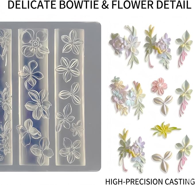 Flower Nail Art Silicone Mold, 3D Floral Nail Charms Mold with Leaves & Vine Designs, Flexible Reusable Silicone Mold for Acrylic Gel Resin Nail Decoration, DIY Nail Accessories