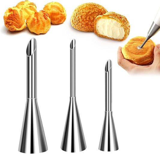 Suuker Stainless Steel Cream Piping Tips, Silver, 3 Pieces | Long Cream Puff Nozzle, Small Pastry Icing, Decorating Tools