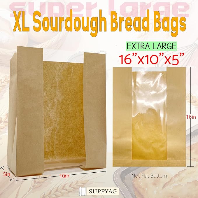Extra Large Paper Bread Bags for Homemade Bread with Window & Sticker for XL Sourdough Breads, Round Loaf, Baked Goods, Oval Loaves, Brown Kraft - 45 Pcs 16x10x5 Inch
