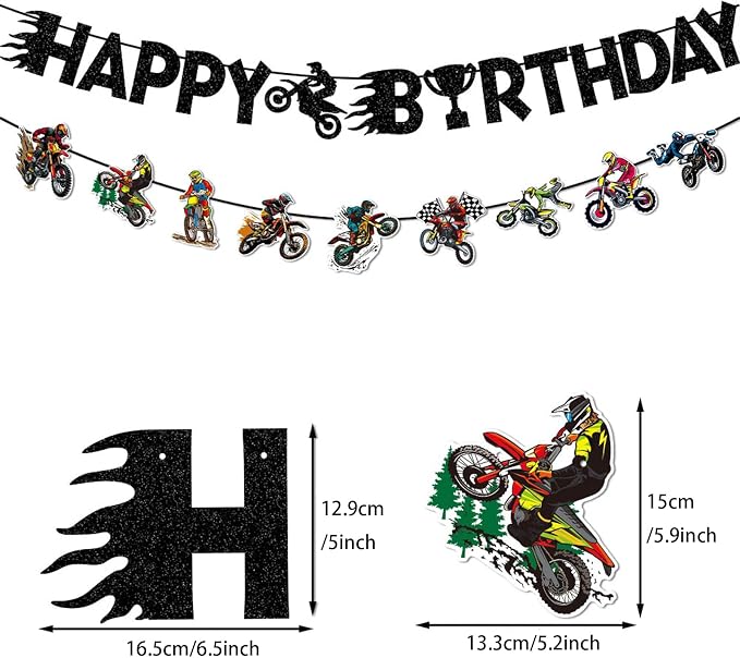 Zwiebeco Motorcycle Happy Birthday Party Decoration Banner Bunting Garland Hanging Paper for Harley Inspired Dirt Bike Racing Theme Boys Girls Men Women Kids Adults Birthday Decor Accessories Supplies