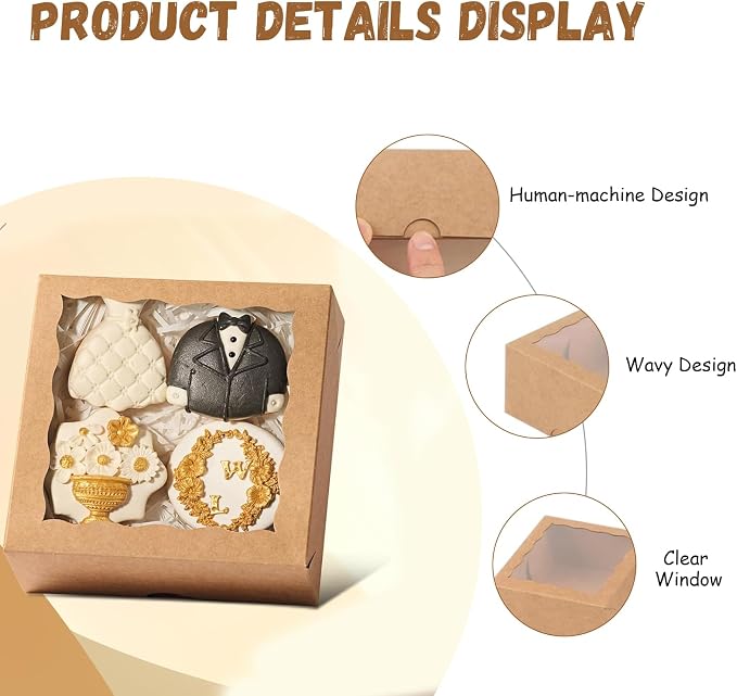 20 Pack Natural Kraft Paper Bakery Boxes with Clear PVC Window, 7x7x2.5 inch Pie & Cookie Boxes, Large Brown Containers for Pastries, Cupcakes, Cakes & Desserts