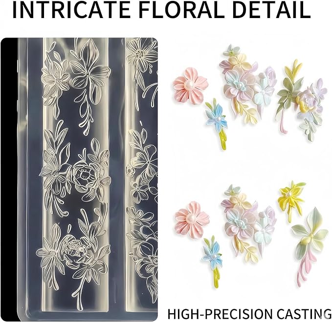 Flower Nail Art Silicone Mold, 3D Floral Nail Charms Mold with Leaves & Vine Designs, Flexible Reusable Silicone Mold for Acrylic Gel Resin Nail Decoration, DIY Nail Accessories