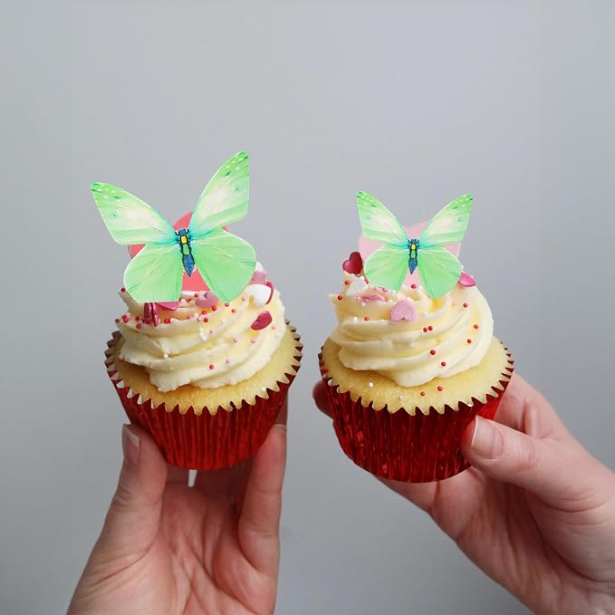 Gyufise 72Pcs Edible Butterfly Cupcake Toppers & Decorations for Butterfly Theme Baby Shower & Kids Birthday Party Cake Supplies - Green
