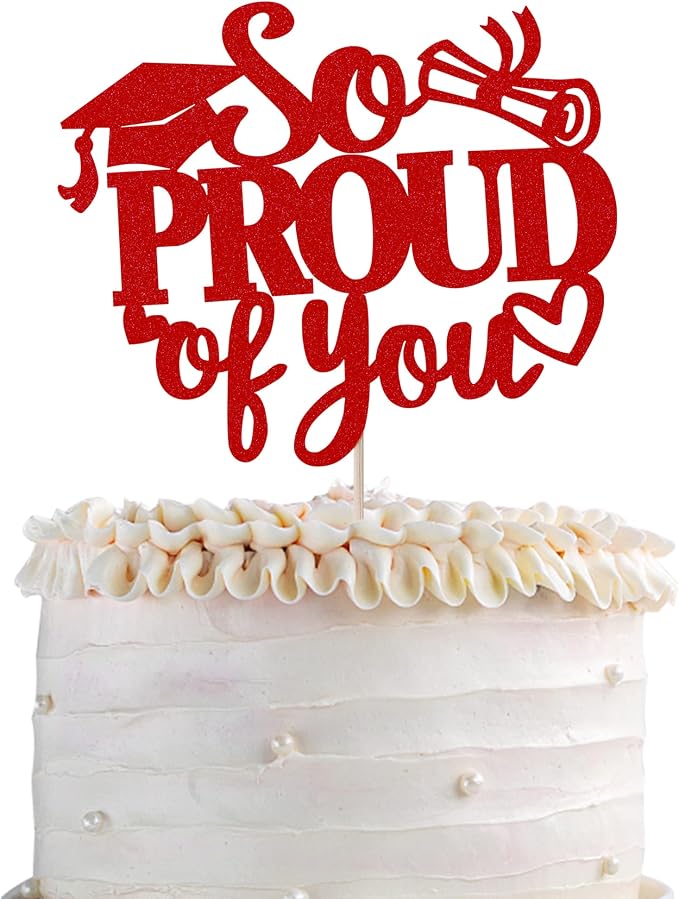 1 Pack So Proud of you Cake Topper with Gold Glitter Diploma Graduation Cap Cake Pick Contrats Class of 2024 Cake Decorations for 2024 Graduation Theme High School Boys Girls Graduate Party Red