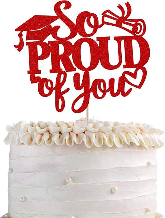 1 Pack So Proud of you Cake Topper with Gold Glitter Diploma Graduation Cap Cake Pick Contrats Class of 2024 Cake Decorations for 2024 Graduation Theme High School Boys Girls Graduate Party Red