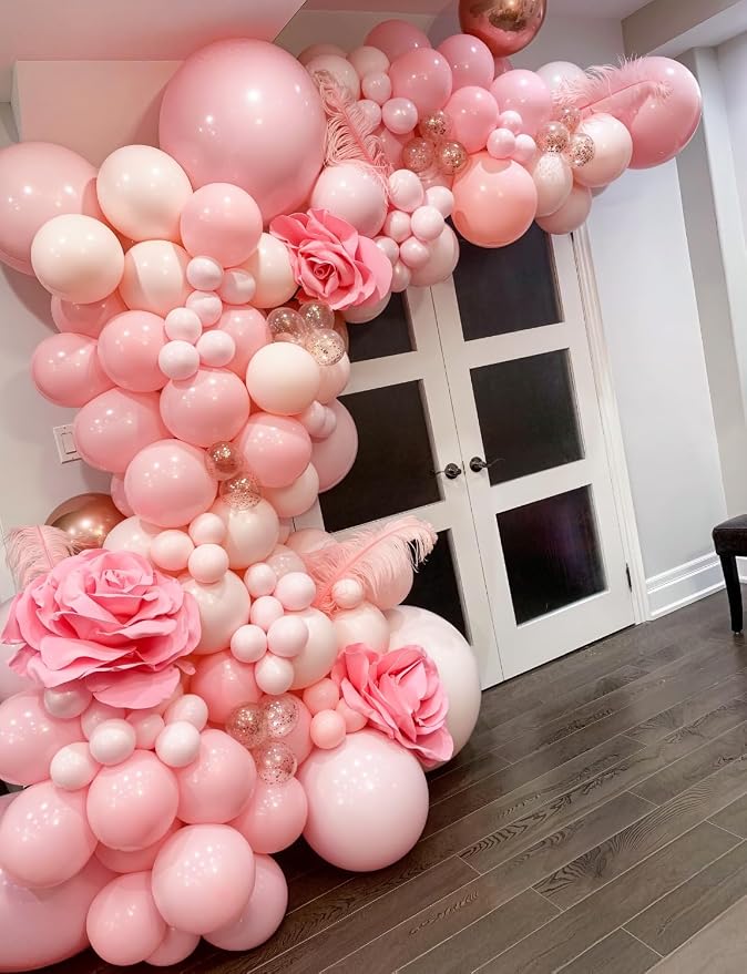 Light Pink Balloon Arch Kit - 133PCS Pastel Macaron Pink, Light Orange, and Clear Balloons for Girl's Birthday, Baby Shower, Gender Reveal, Bridal Shower, Wedding Decor