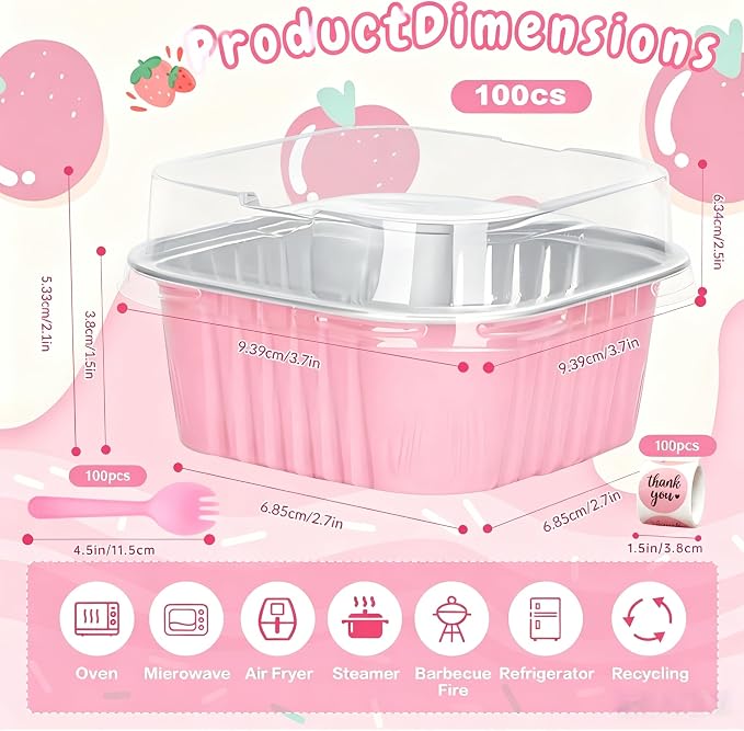 100Pack 5oz Pink Mini Cake Pans with Lids, Spoons and Stickers Baking Cups Aluminum Foil Pans Tins, Individual Dessert Cups Containers for Sales,Party,Picnics