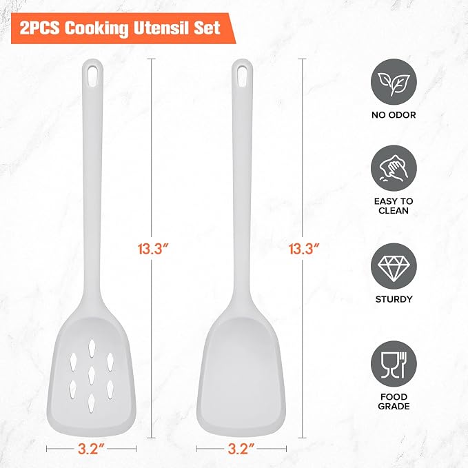 Silicone Cooking Spatula&Slotted Spatulas, Pack of 2,Solid Turner Kitchen Utensils Set for Cooking,Frying, Baking, Flipping, Turning,Heat Resistant 450℉ (GRAY)