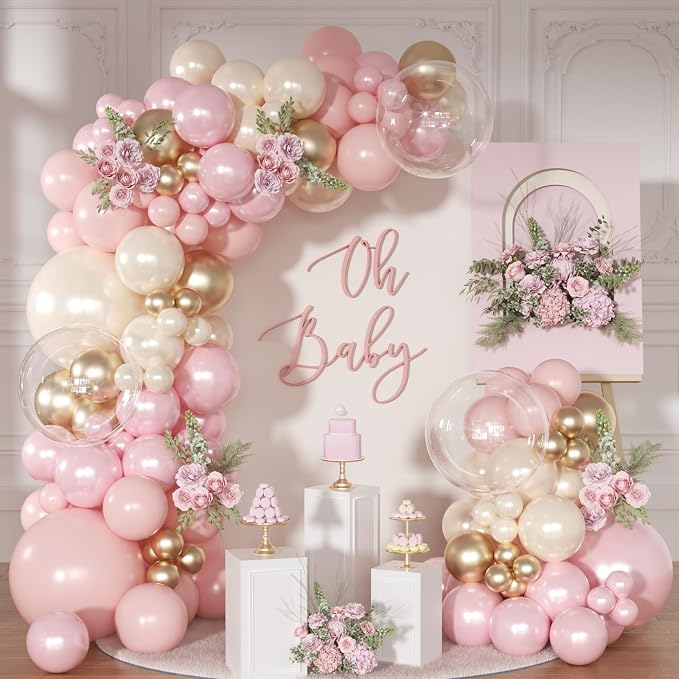 Pink and Gold Balloon Garland Arch Kit 126Pcs Pastel Light Baby Pearl Pink and Sand White Balloons for Boho Birthday Baby Shower Bridal Shower Wedding Party Decorations