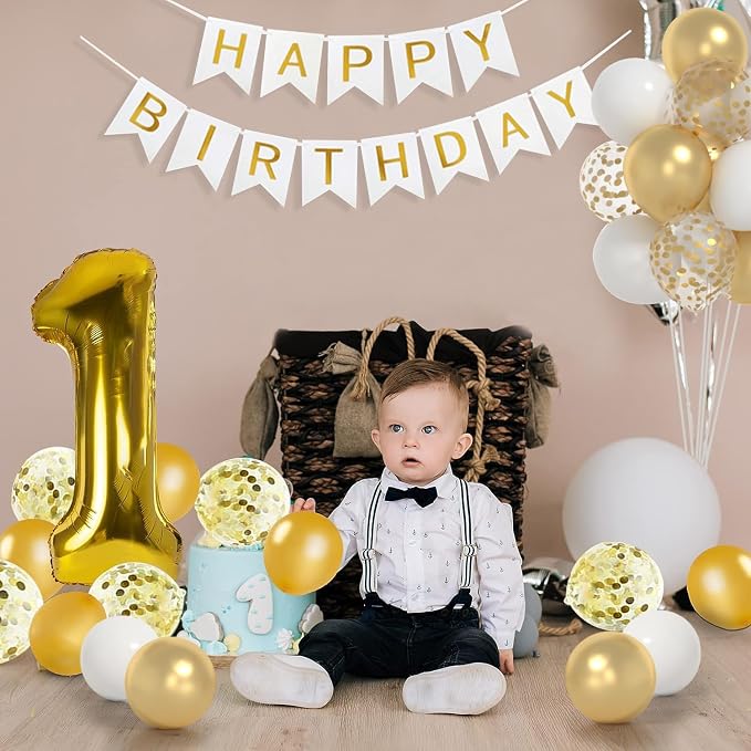 1st Birthday Decorations,40inch Gold Number 1 Balloon And Happy Birthday Banner With 12inch Metallic Gold White Confetti Balloons For One Year Old Boys Birthday Decorations