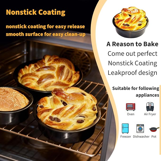 6 Inch Round Cake Pans Set of 3, Heavy-Duty Carbon Steel Baking Pans for Layered Birthday Cakes, Non-Stick Professional Circle Smash Cake Tins, Straight Wall & Dishwasher Safe