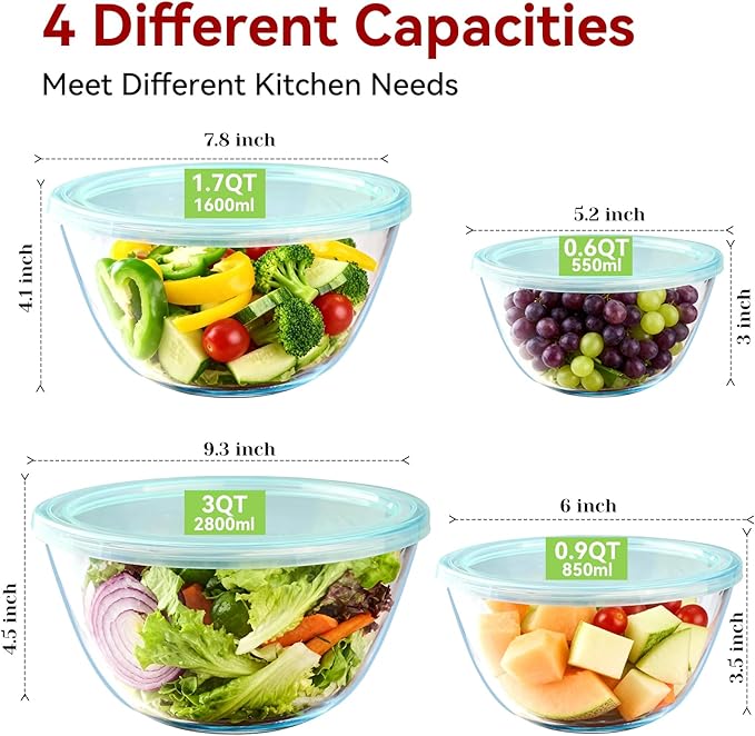 YUANYE 4 Pack Glass Mixing Bowls with Lids Set (3QT/1.7/0.9/0.6QT),Thick Glass Large Salad Bowl Set, Nesting Kitchen Bowls for Serving, Prepping, Cooking and Baking, Dishwasher, Oven,Microwave Safe