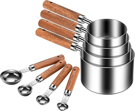 Wooden Handle Measuring Cups & Spoons Set 8-Piece – Stainless Steel, Stackable, Rustic Farmhouse Kitchen Gadgets, Non-Toxic, Dishwasher Safe, Gift for Bakers & New Homeowners.