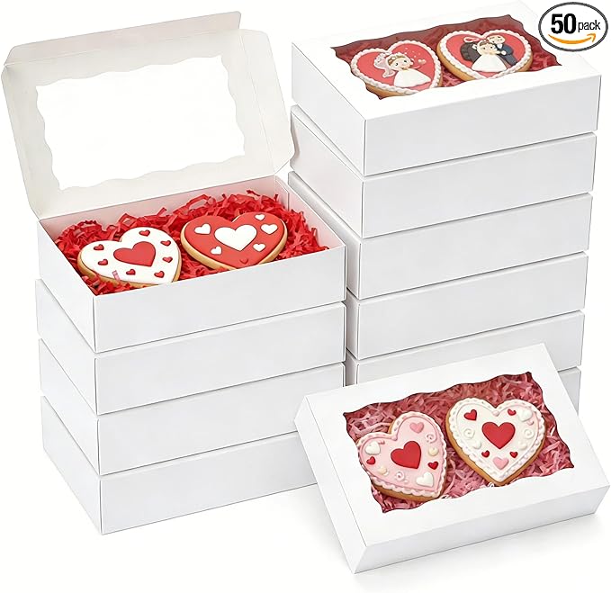 50pcs Cookie Boxes with Window 7x4.375x1.5 Inches Bakery Boxes Treat Box Chocolate Covered Strawberries Box for Christmas Valentine's Day Mother's Day - White