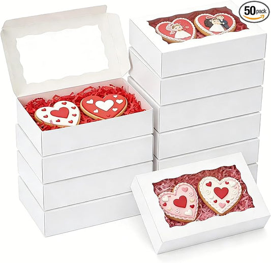 50pcs Cookie Boxes with Window 7x4.375x1.5 Inches Bakery Boxes Treat Box Chocolate Covered Strawberries Box for Christmas Valentine's Day Mother's Day - White