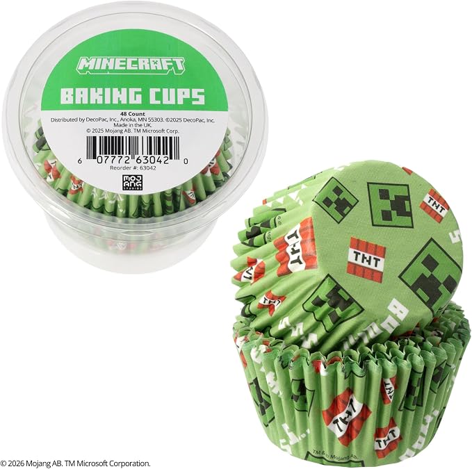 48 x Minecraft Baking Cups By DecoPac | Standard Size Cupcake Liners | TNT Block | Greaseproof Paper Cases for Cupcakes, 1.8" x 1.25", Pack of 48