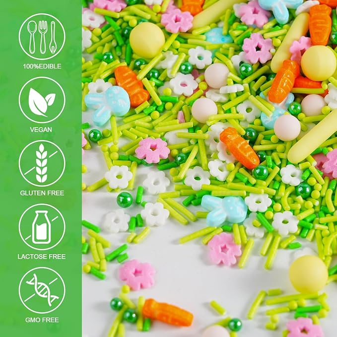 Easter Sprinkles Mix, 4.23 oz Pastel Bunny Rabbit and Carrot Flower Confetti Jimmies, Nonpareils for Cake Decorating, Cookie, Cupcake, Ice Cream Topper, Baking Toppings - Spring, Birthday Party Supplies