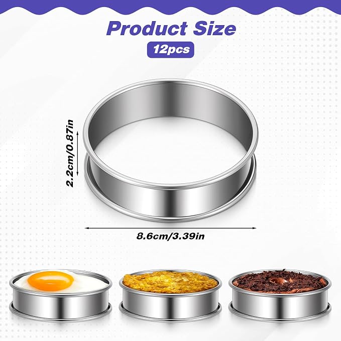 12 Pcs Cookie Rings for Baking 3 Inch, Silver Stainless Steel Baking Rings with Double Rolled Edges, Nonstick Muffin Ring Molds for Home Baking 3.39 x 0.87 Inches