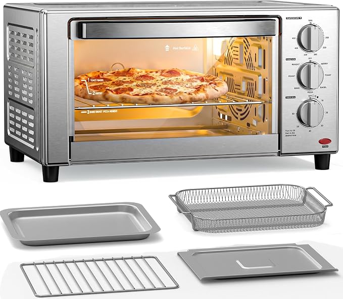 Crzoe Countertop Toaster Oven, Kitchen Convection Air Fryer Toasters Combo, Medium Capacity, 7-in-1 Functions, 60-Minute Timer, 0.78 Cubic Feet, Stainless Steel Finish