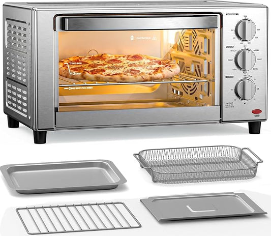 Crzoe Countertop Toaster Oven, Kitchen Convection Air Fryer Toasters Combo, Medium Capacity, 7-in-1 Functions, 60-Minute Timer, 0.78 Cubic Feet, Stainless Steel Finish
