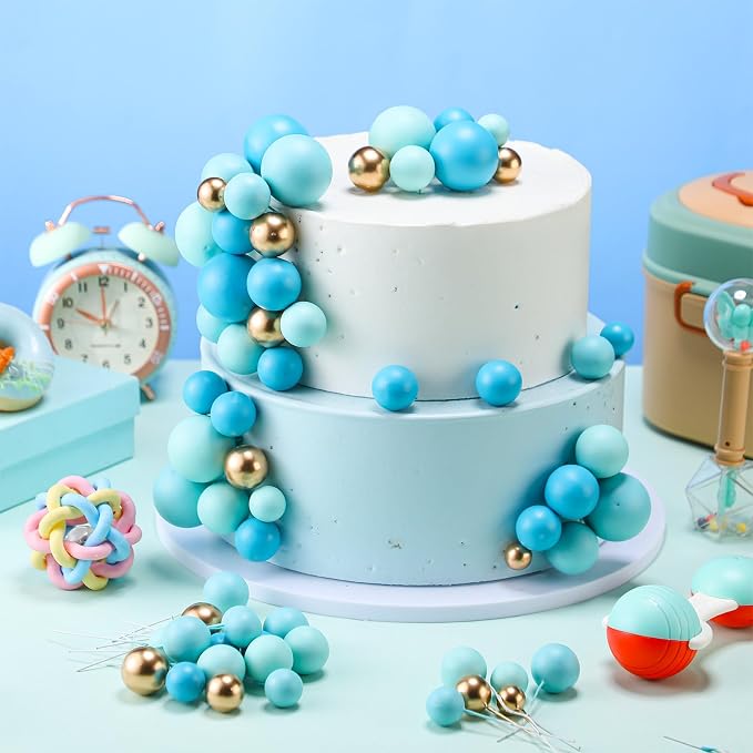 108 Pcs Balls Cake Topper DIY Cupcake Insert Foam Balloons for Cake Baking Wedding Anniversary Birthday Decoration(Blue Gold,Multi Sizes)