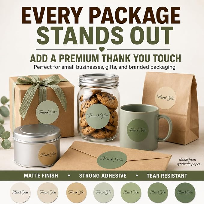 Sage Green Thank You Stickers Roll for Small Business - 500 Pcs 1.5 Inch Round Thank You Labels for Packaging, Boho Green Envelope Seals for Baby Shower, Wedding Favors, Eucalyptus & Botanical Gifts