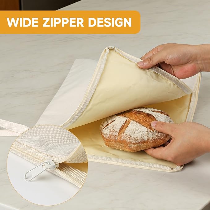 Beeswax Bread Bag Set of 2, 12.6"x17" Sourdough Bread Storage, Reusable Linen Bags with Wide Zipper Freezer Safe for Homemade Artisan Loaves